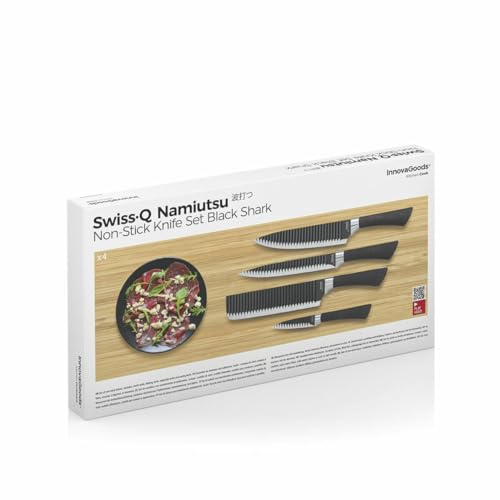 InnovaGoods - Black Shark Swiss Q Namiutsu 4-Piece Knife Set, Stainless Steel Blades, Non-Stick Ceramic Coating, Ergonomic Handles, Black, Plastic