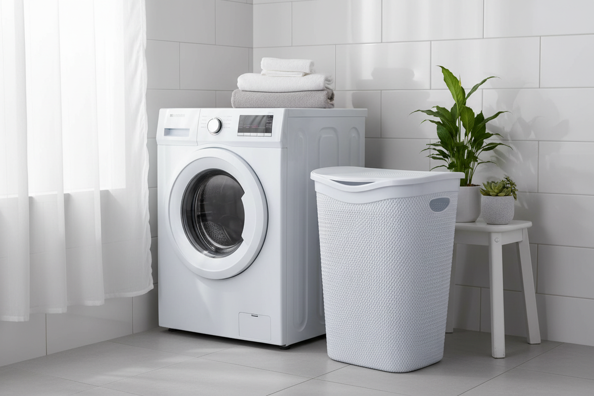 Bagno moderno con cesto portabiancheria