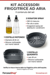 Brochure del kit con dosatori spray e cestelli in silicone, caratteristiche e misure