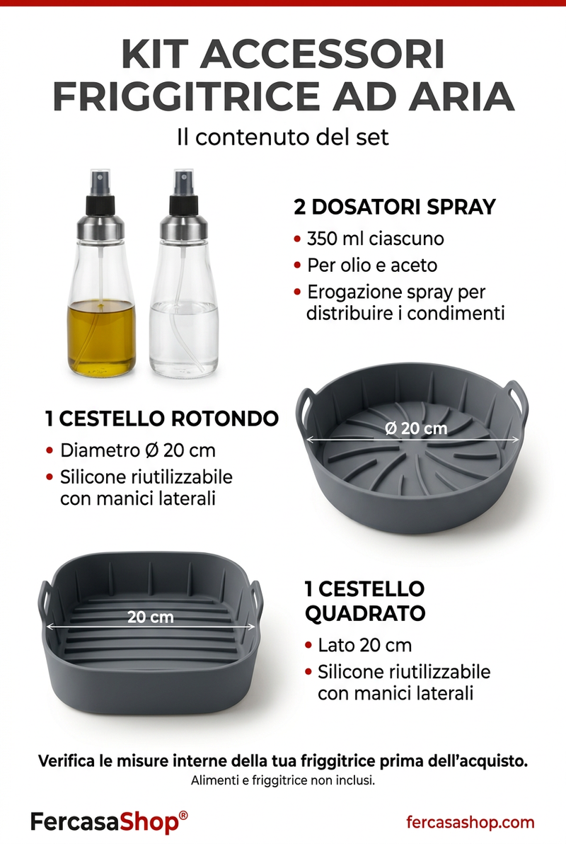 Brochure del kit con dosatori spray e cestelli in silicone, caratteristiche e misure