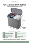 Brochure FercasaShop del portabiancheria doppio da 50 litri, con foto, misure 51 × 38 × H 58 cm, coperchio in plastica e due sacche rimovibili in cotone