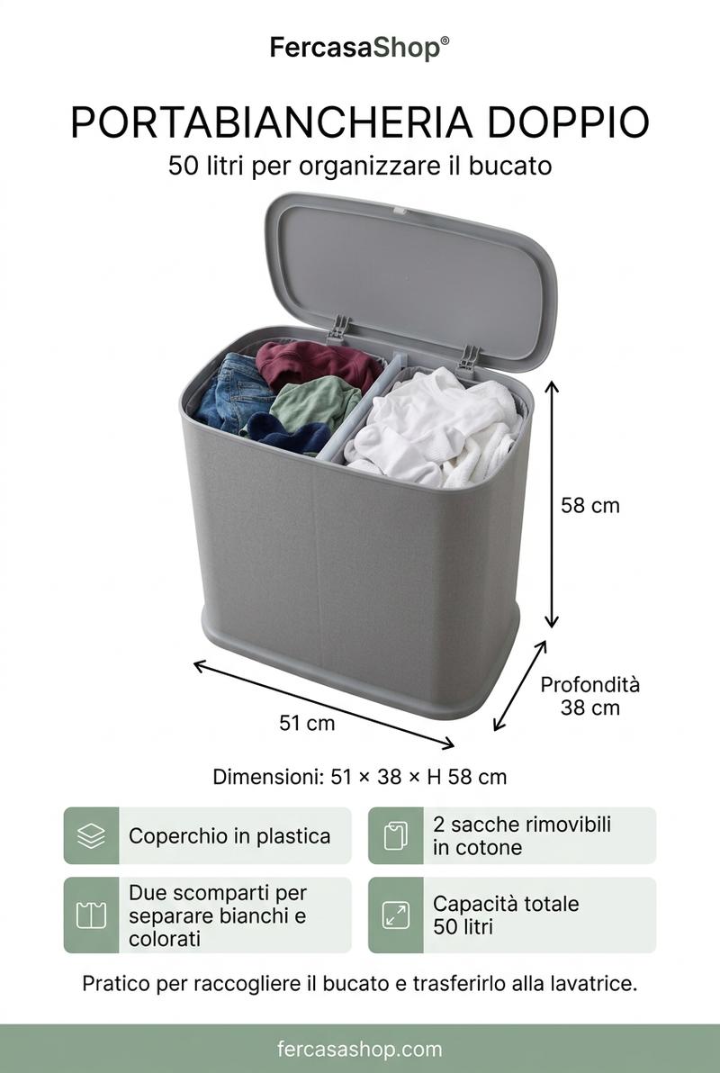 Brochure FercasaShop del portabiancheria doppio da 50 litri, con foto, misure 51 × 38 × H 58 cm, coperchio in plastica e due sacche rimovibili in cotone