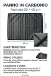 Brochure panno in carbonio con caratteristiche, misure e istruzioni di lavaggio