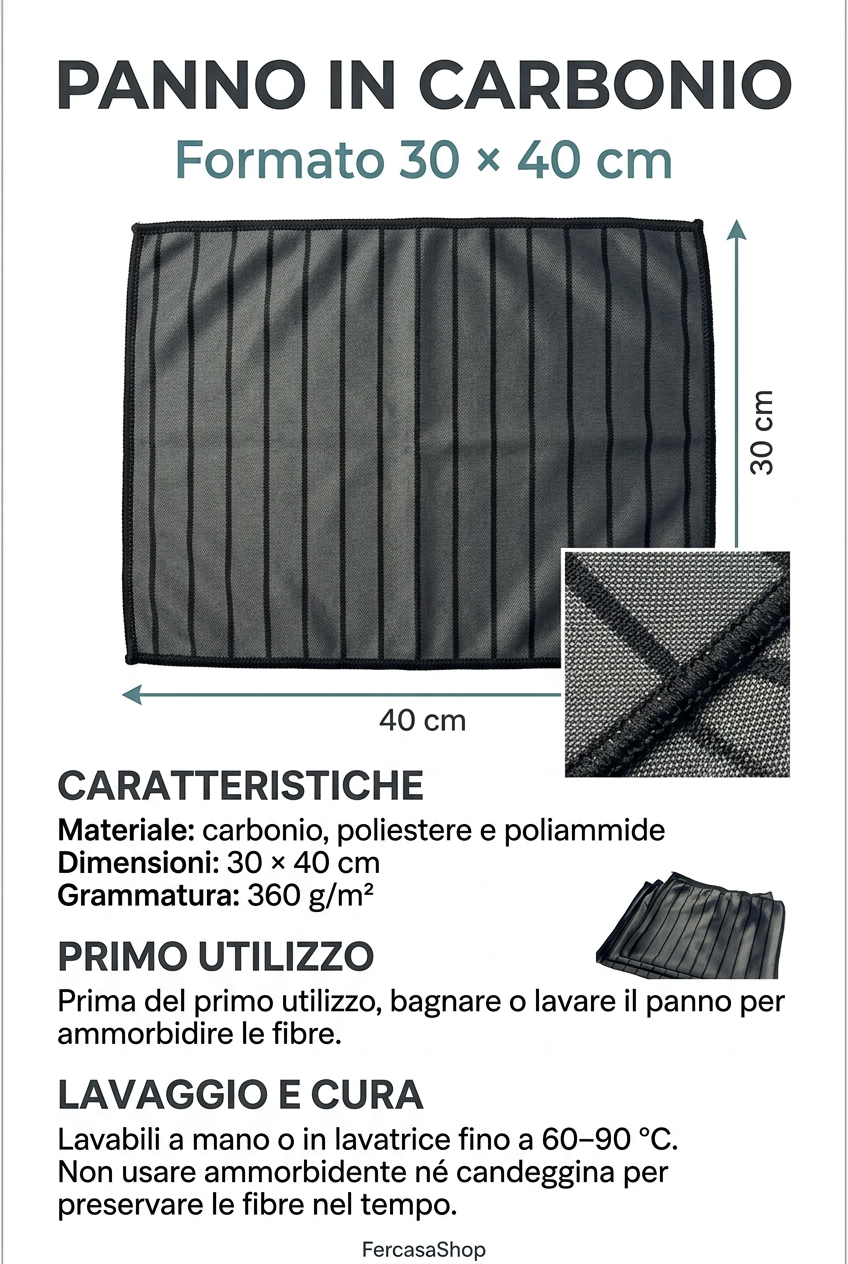 Brochure panno in carbonio con caratteristiche, misure e istruzioni di lavaggio