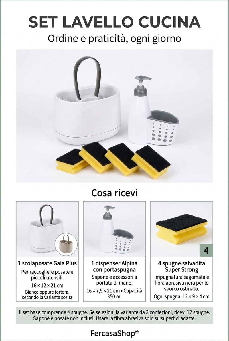 Set Lavello Cucina con Scolaposate Gaia Plus, Dispenser e 4 o 12 Spugne Super Strong