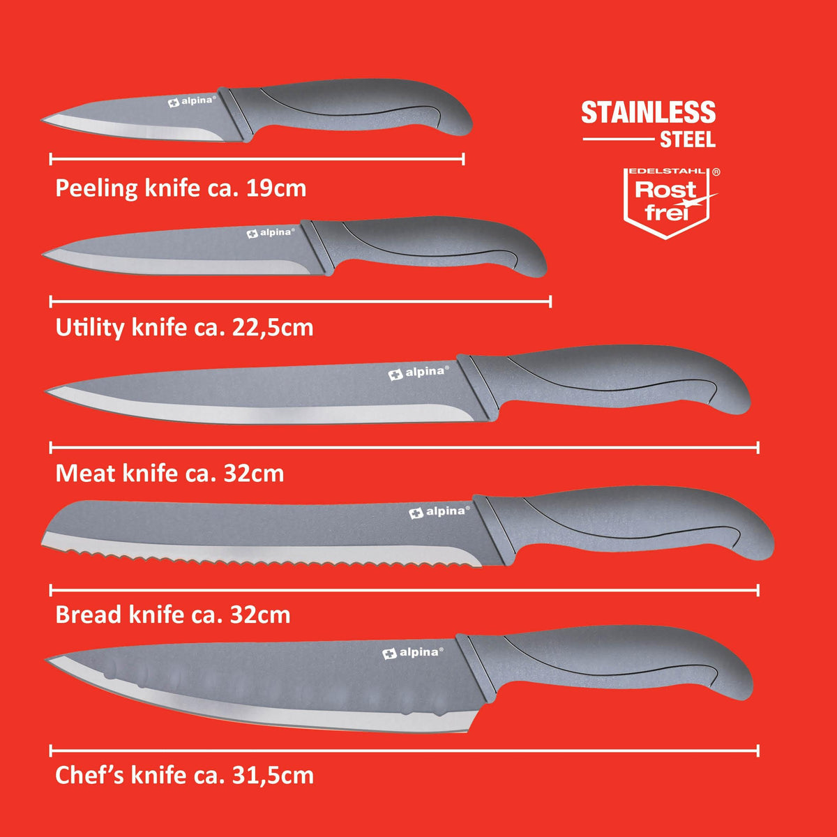 Set 5 Coltelli Professionali Acciaio Inox - Chef 32cm, Pane, Carne, Multiuso