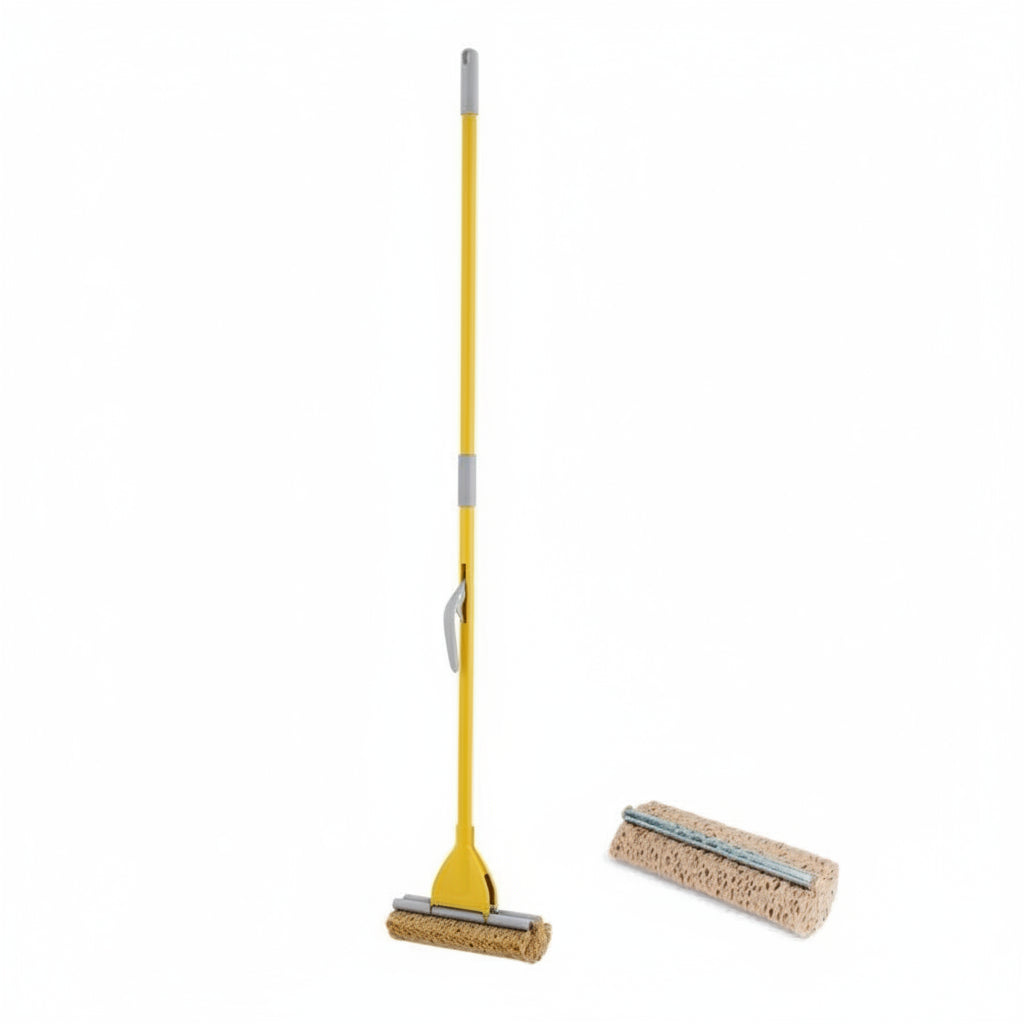 FercasaShop® Floor Mop with Lever System, Ultra-Absorbent Sponge 28 cm, Yellow Painted Iron, for All Floor Types + 1 Replacement Included