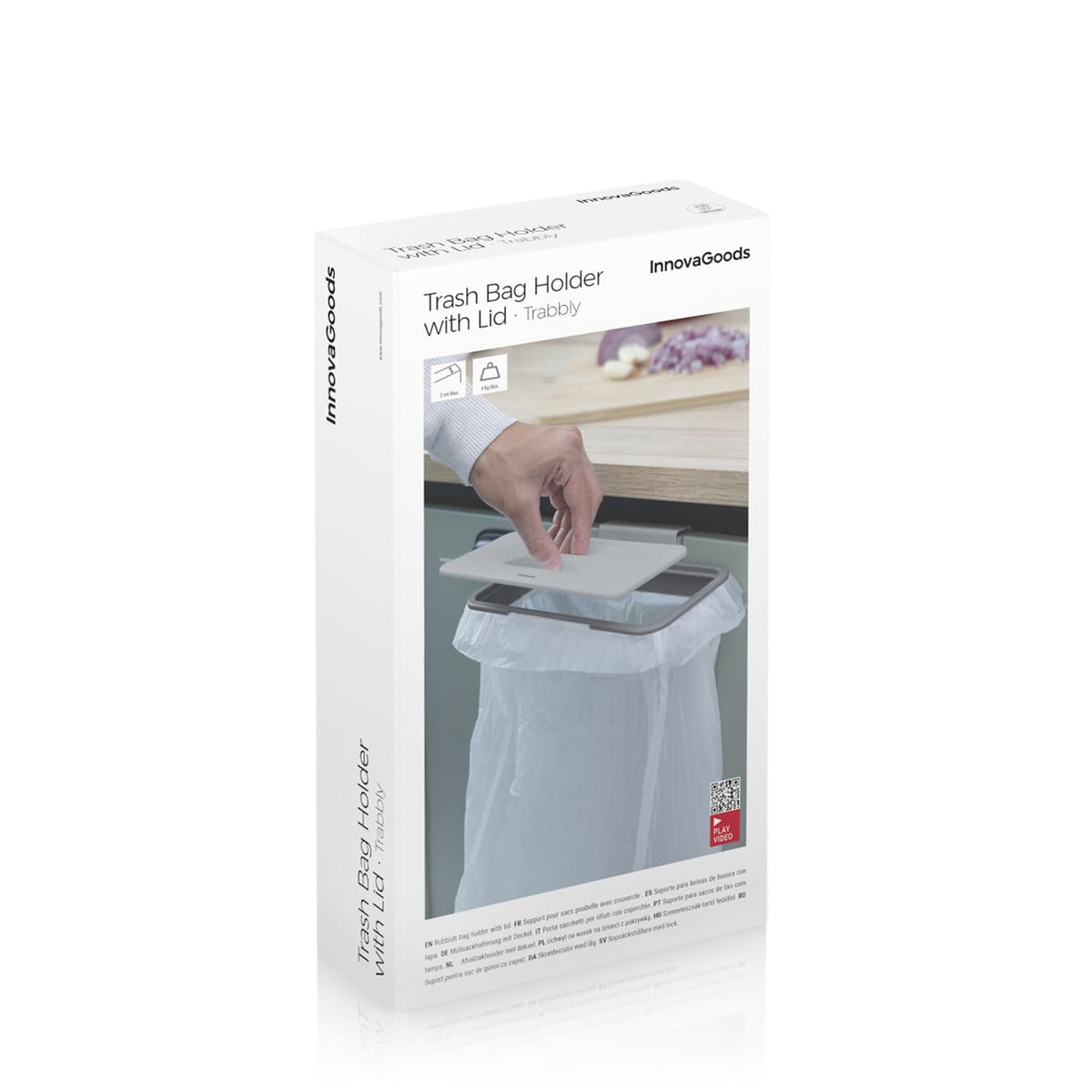 InnovaGoods - Portable Garbage Bag Holder with Lid, Odor Eliminator, Space-Saving Design, Easy to Clean, Grey, ABS