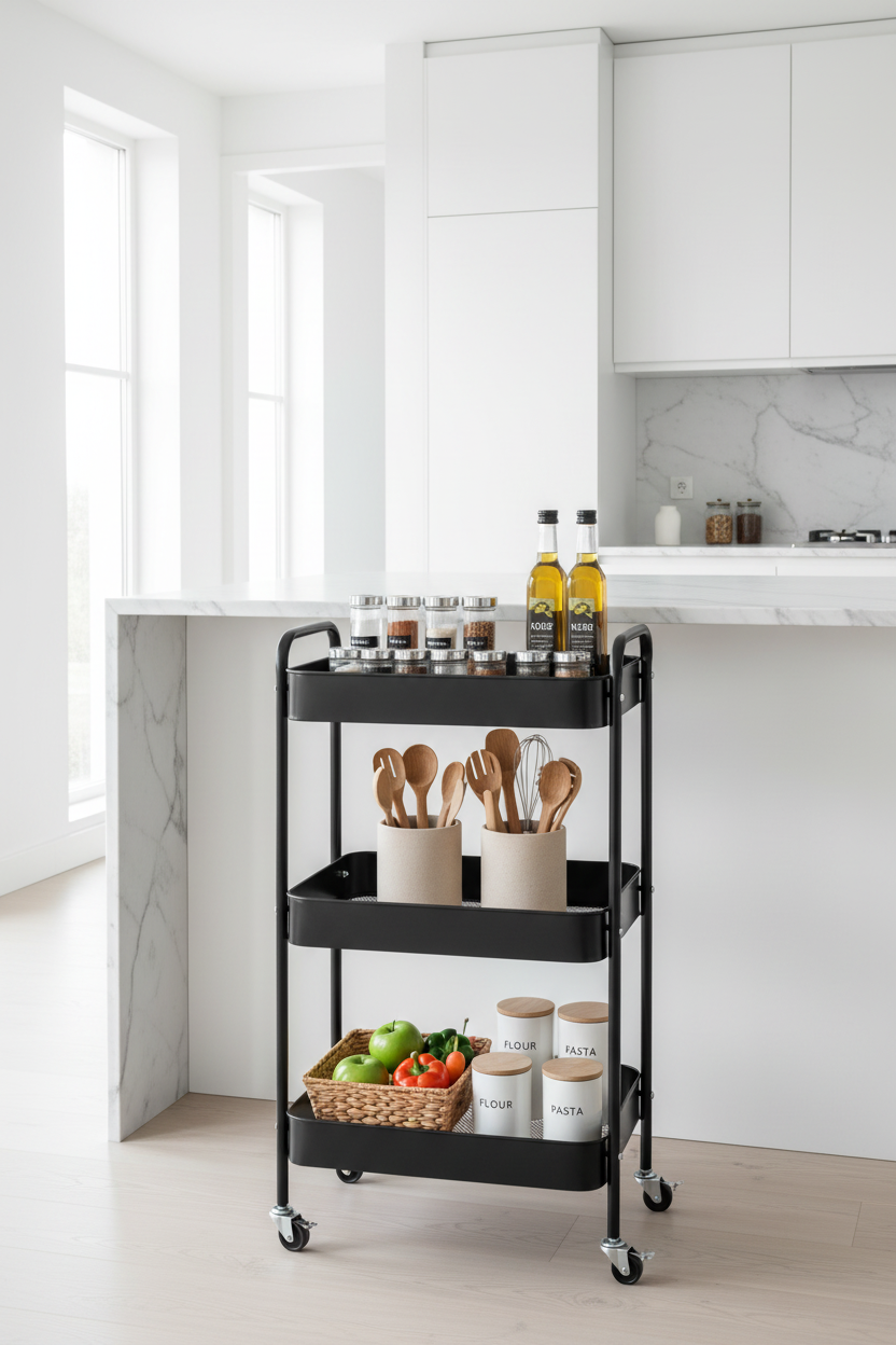 Carrello Multiuso 3 Ripiani Lolly 78x30x45cm Nero Ruote