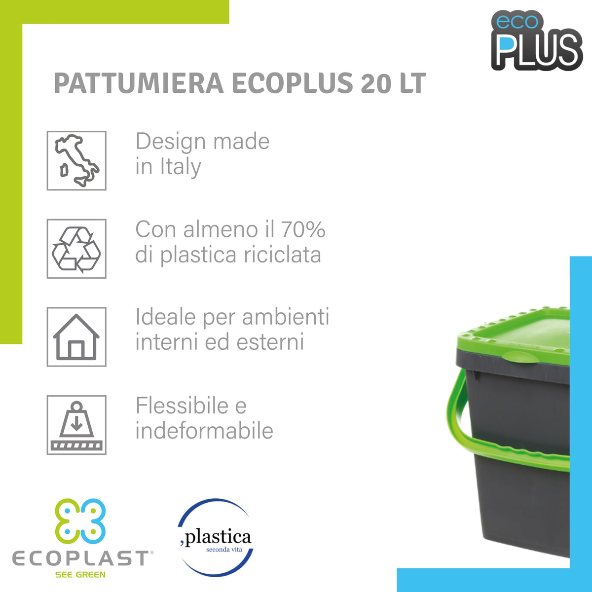 Ecoplast | Set of 20-Liter Waste Bins, Assorted Colors (Yellow/Green/Blue), 34.5 x 34.5 x 34.5 cm, Made in Italy