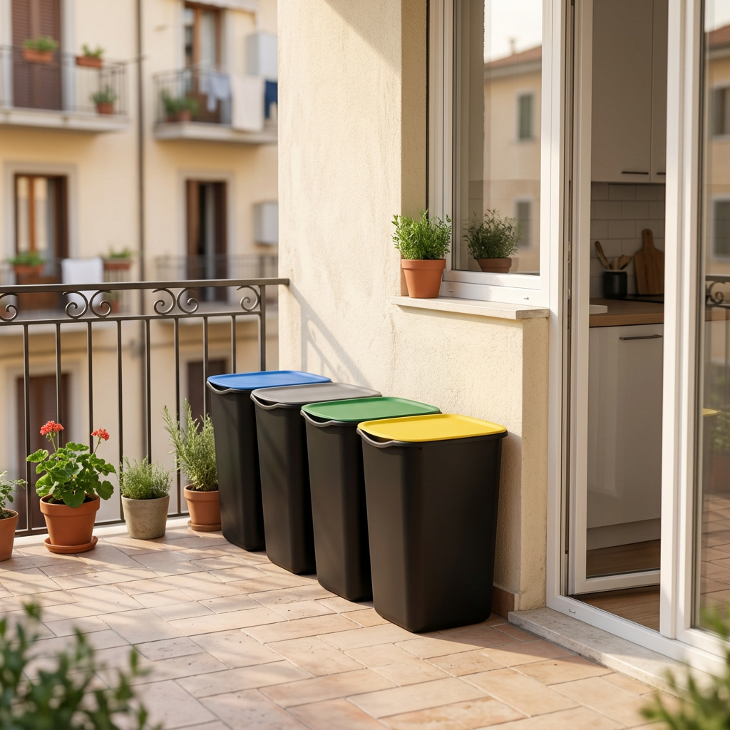 Contenitori per raccolta differenziata sul balcone di casa