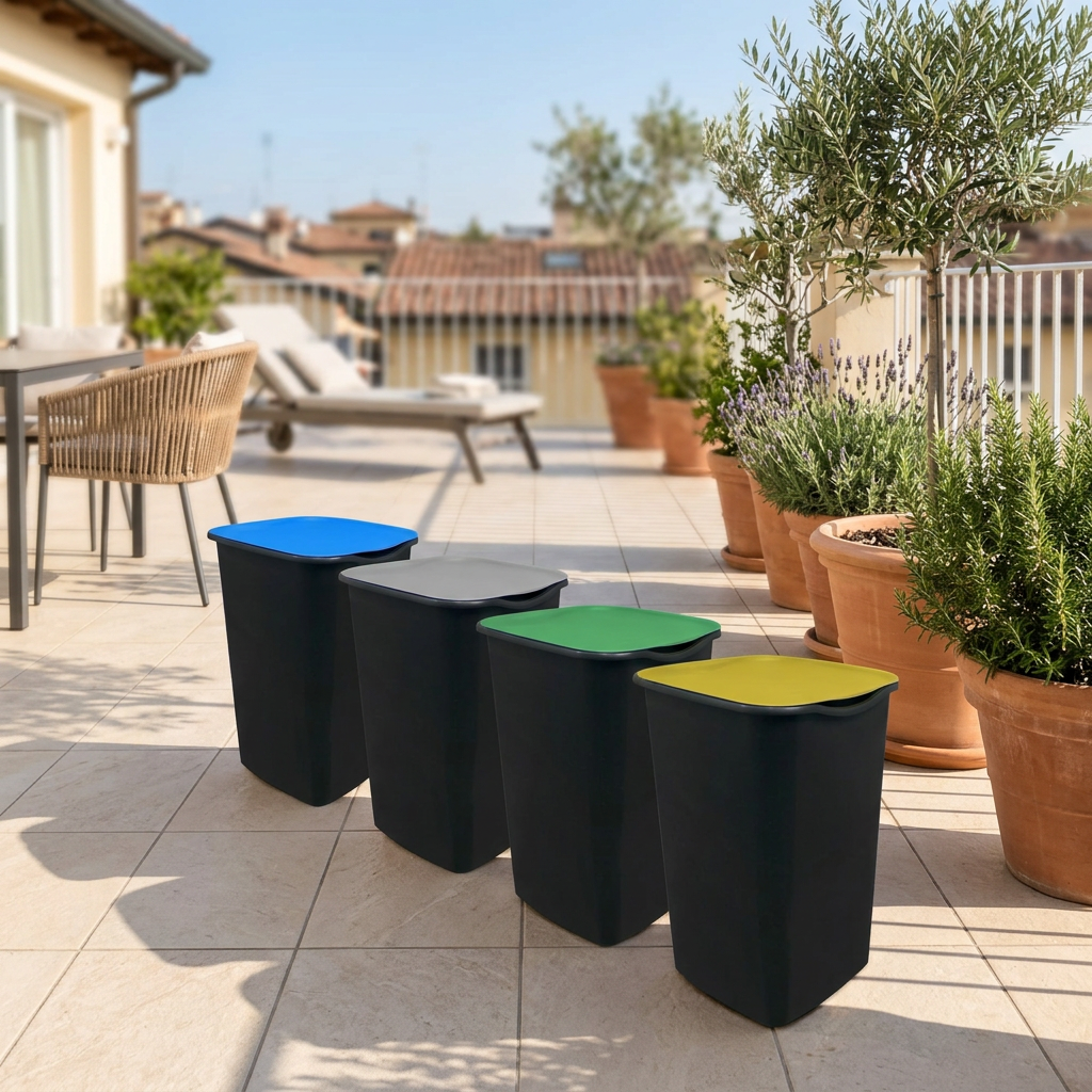 Contenitori per raccolta differenziata sul terrazzo