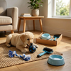 Cucciolo che gioca con gli accessori del kit