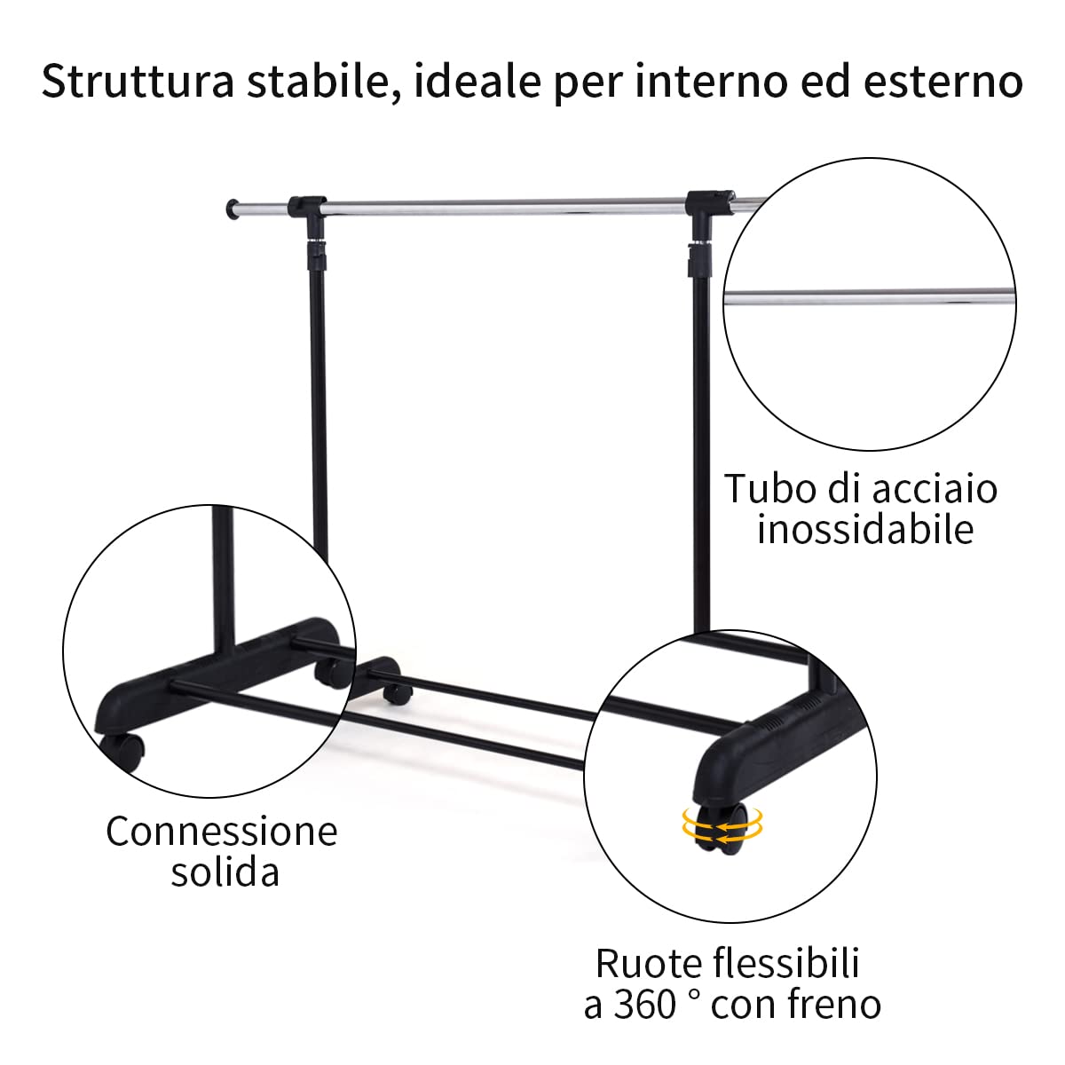 RELAX4LIFE Coat Rack with Wheels, Extendable Garment Rack with Shoe Rack, Adjustable Height and Width, Steel and Plastic Floor Coat Rack, Black