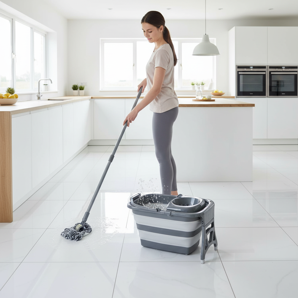 Donna che usa il secchio per pulire