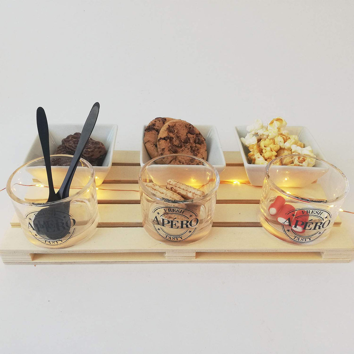 EDCO 10-Piece Appetizer Set with Wooden Tray, Glass Cups, Ceramic Bowls and Spoon, Serving Dishes