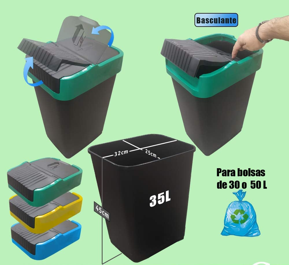 EUROXANTY 3-Pack Recycling Bins | Color Recycling Bin | Swing Lid | Rigid PVC | Rectangular Design | 25 x 32 x 45 35 L