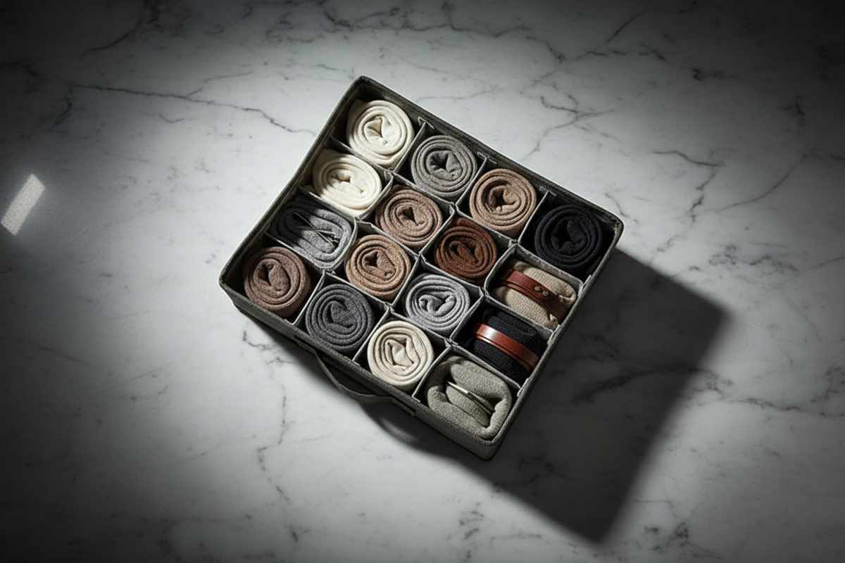 Flat lay organizer beige su marmo