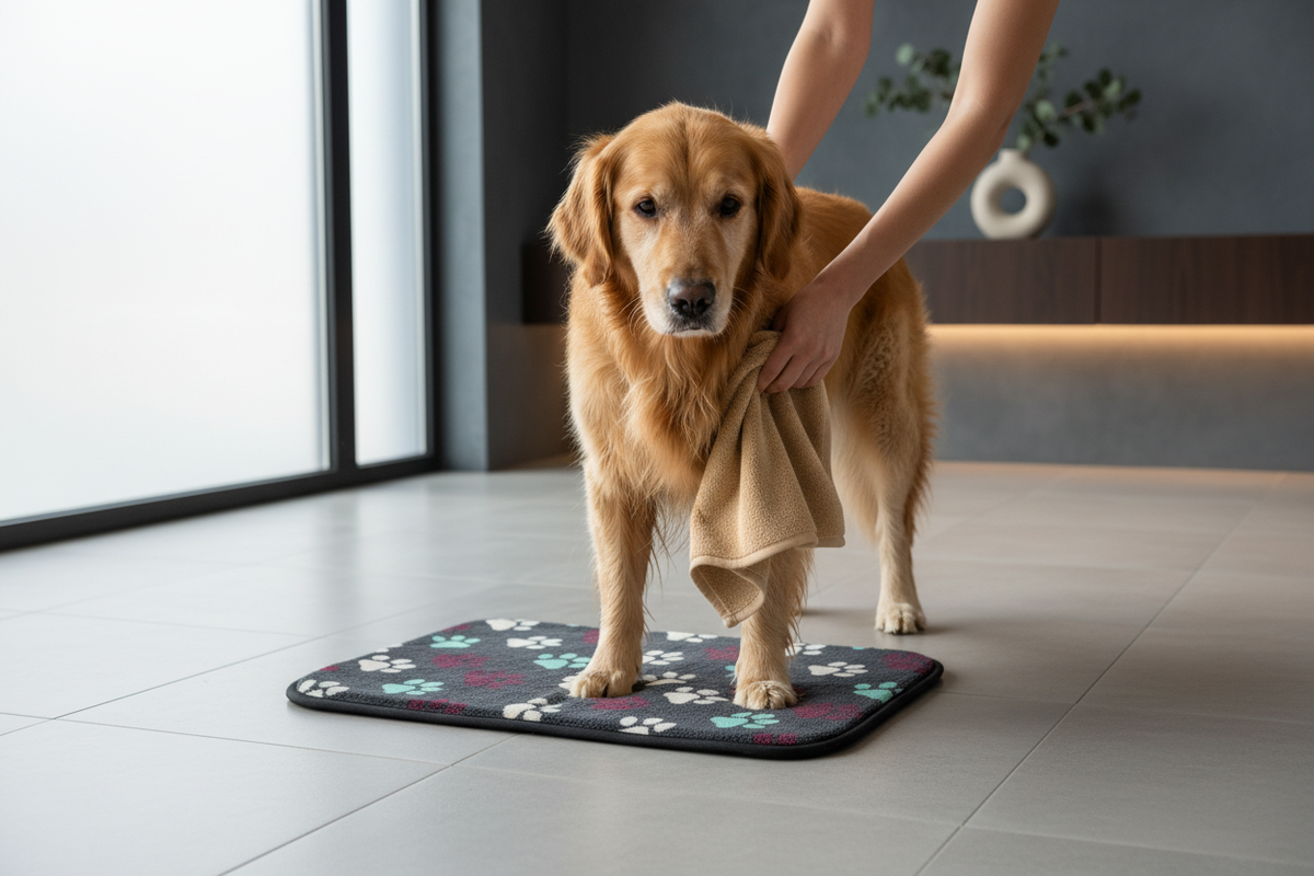 Golden retriever su tappetino