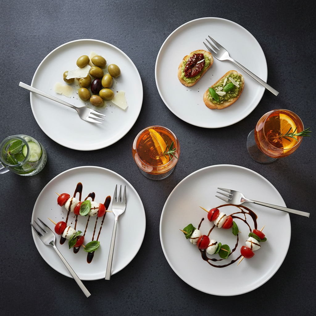 Flat lay forchettine cocktail con bicchieri e aperitivi italiani