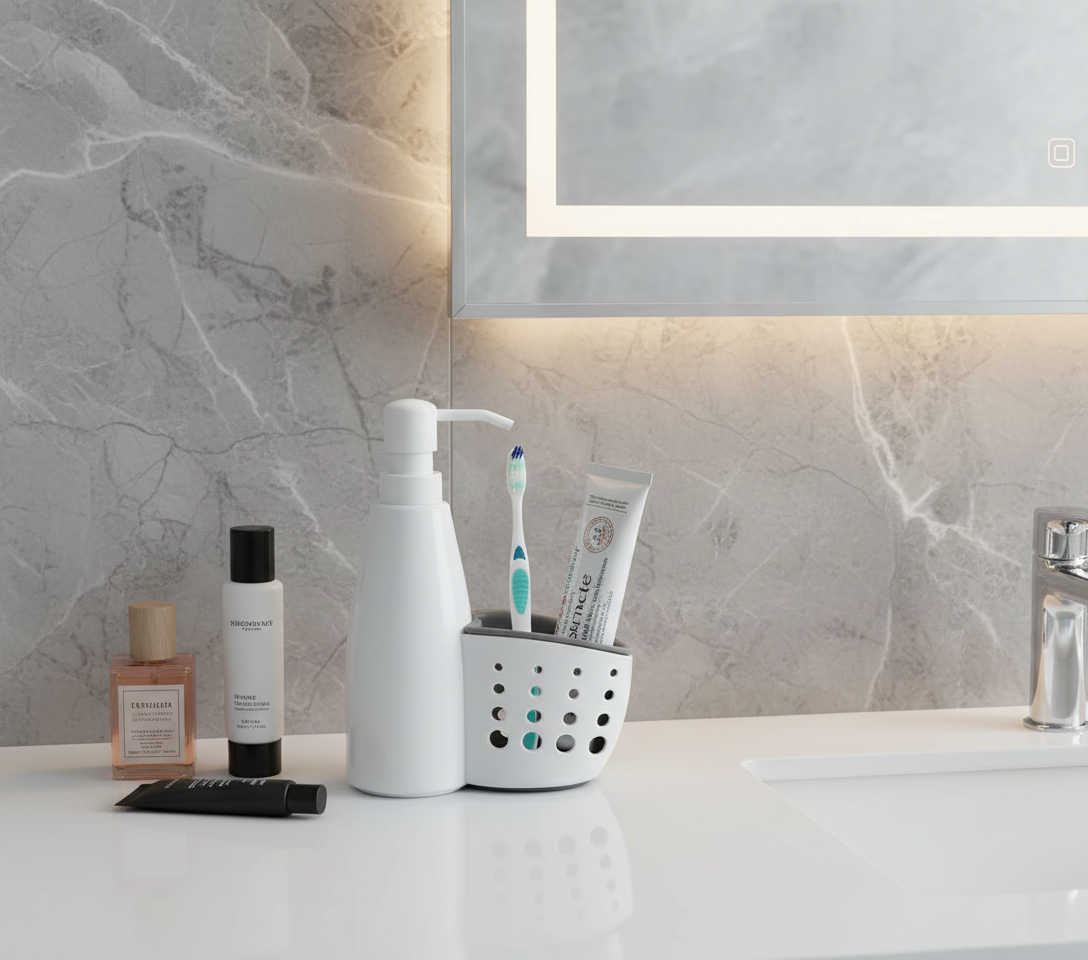 Alpina White Dispenser for Detergent or Liquid Soap with Holder for Utensils, for Kitchen or Bathroom