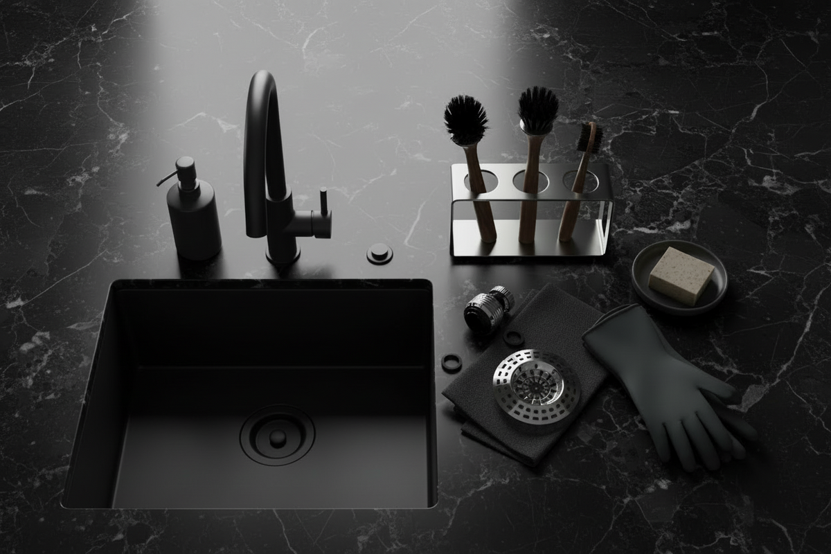 Flatlay elegante accessori lavello su marmo dark luxury aesthetic
