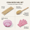 Contenuto del Set Beauty bagno: striscia in sisal, spazzola lavaschiena in setola, cuffia doccia XXL e guanto in microfibra.