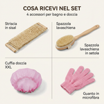 Contenuto del Set Beauty bagno: striscia in sisal, spazzola lavaschiena in setola, cuffia doccia XXL e guanto in microfibra.