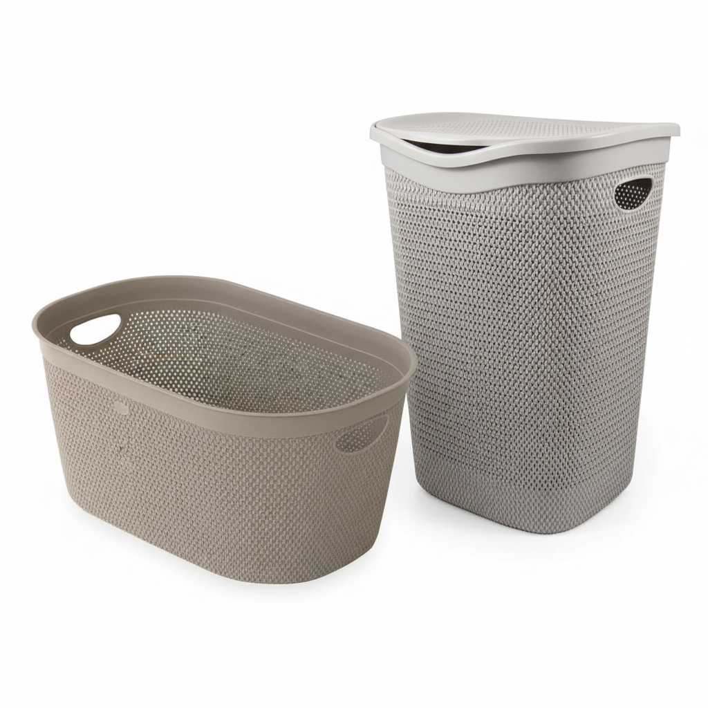Set 2 Cesti Portabiancheria 112L Tortora - Traforato 57L + Intreccio con Coperchio 55L - Polipropilene Resistente - FercasaShop®
