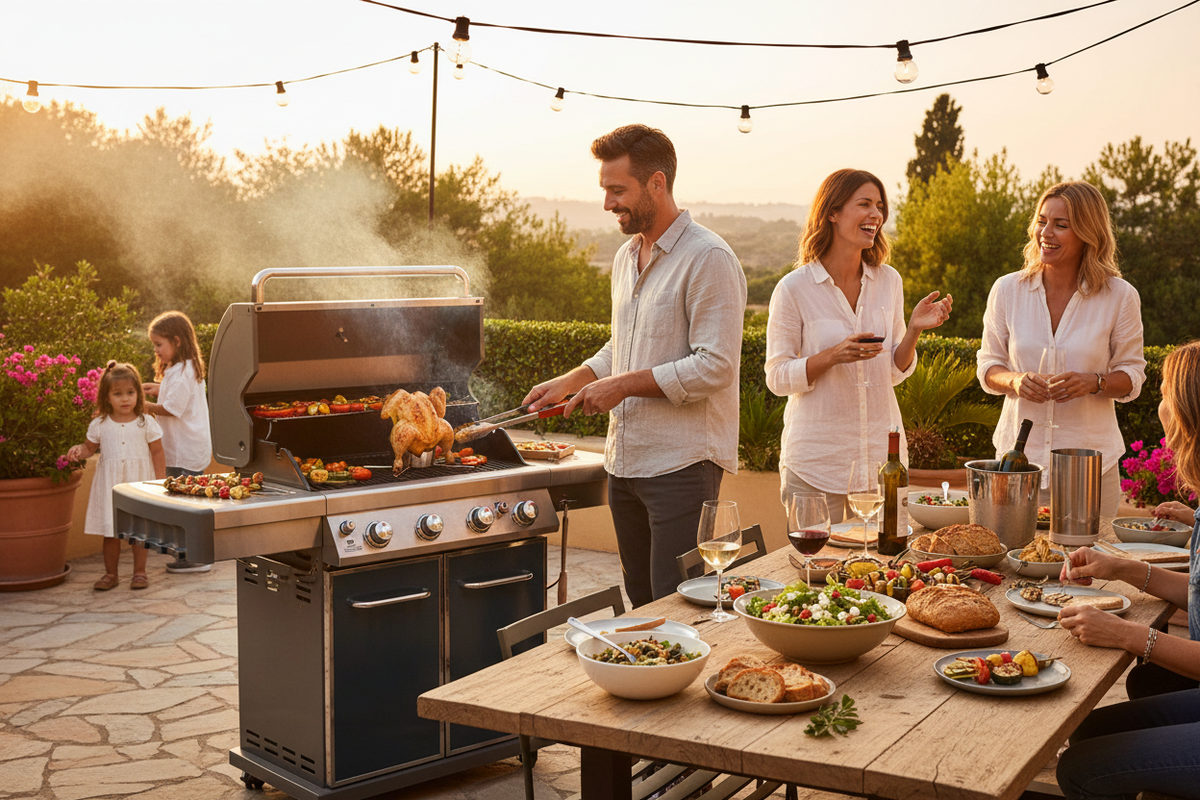 Festa BBQ in famiglia con supporto pollo verticale su griglia outdoor