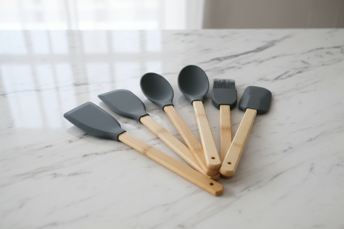 Set completo 6 spatole e pennelli in silicone e bambù su marmo