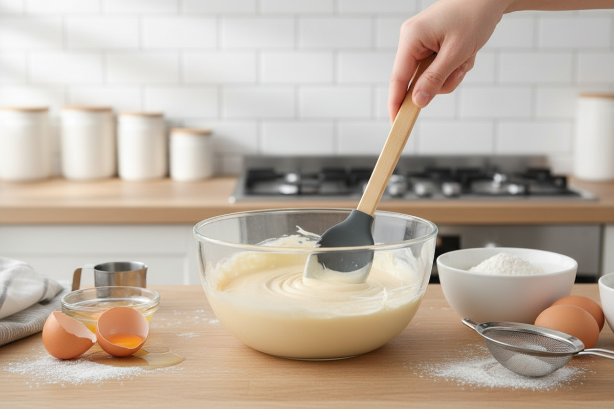 Mescolare impasto con cucchiaio in silicone e bambù