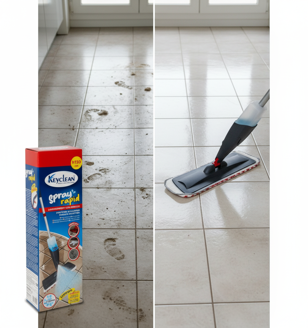Prima e dopo pulizia con scopa spray