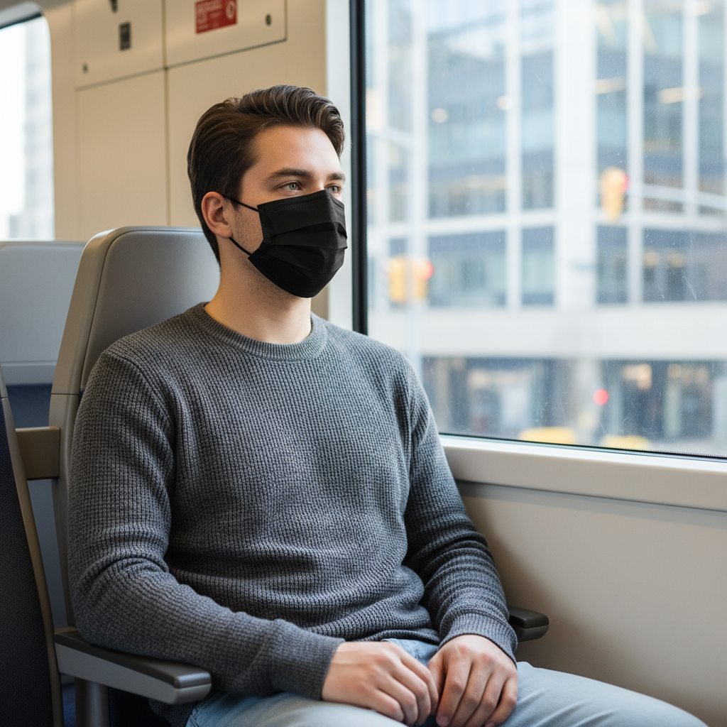 Mascherina nera in treno o autobus