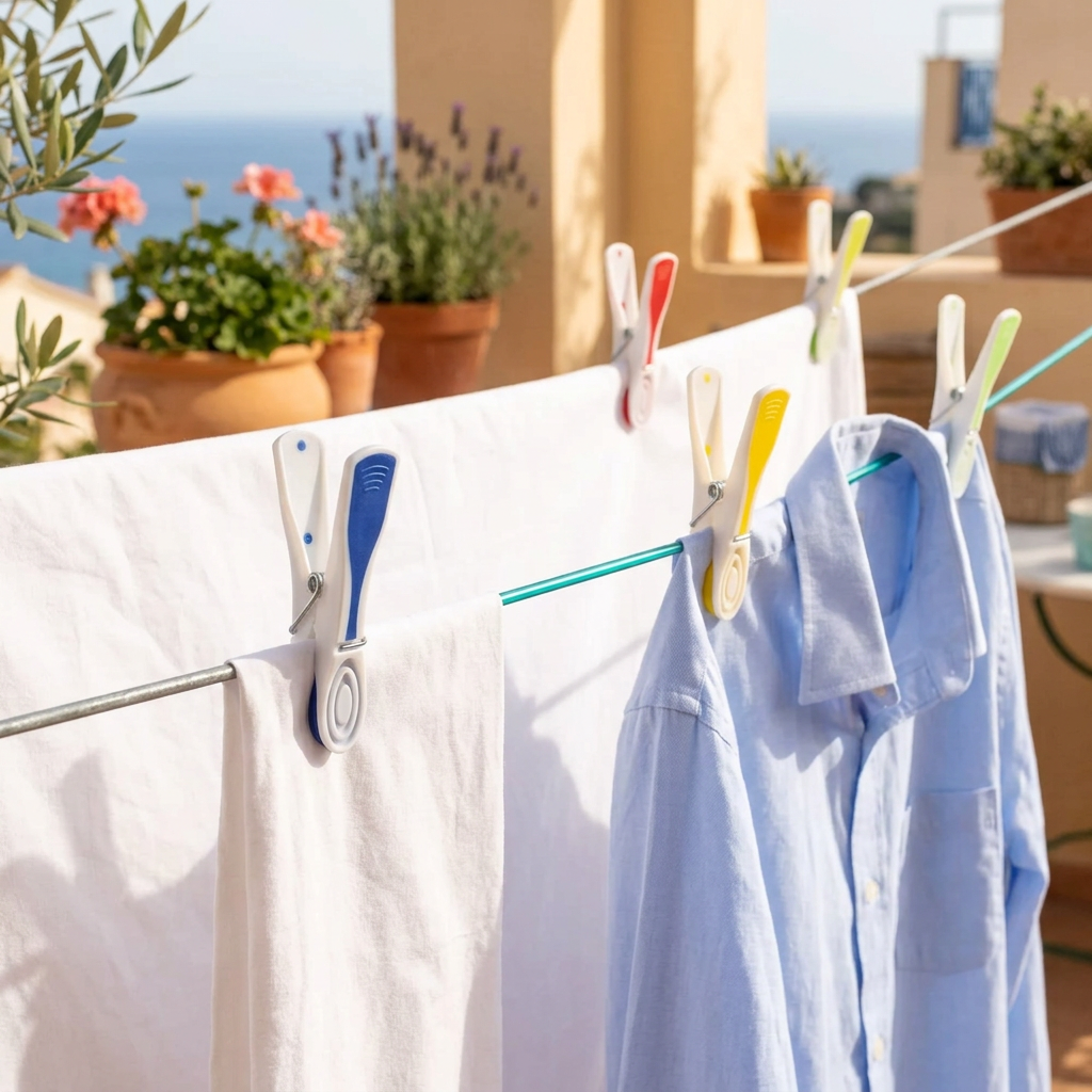 Mollette con bucato su balcone soleggiato