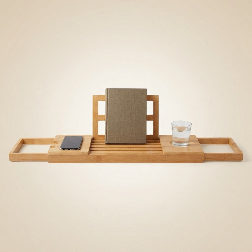 alpina Adjustable Bathtub Tray - Storage Tray 50-92 x 18 x 4 cm - Bamboo Bathroom Cabinet with Book Holder and Tablet Stand - Incl. Cup Holder - Bathroom Accessories