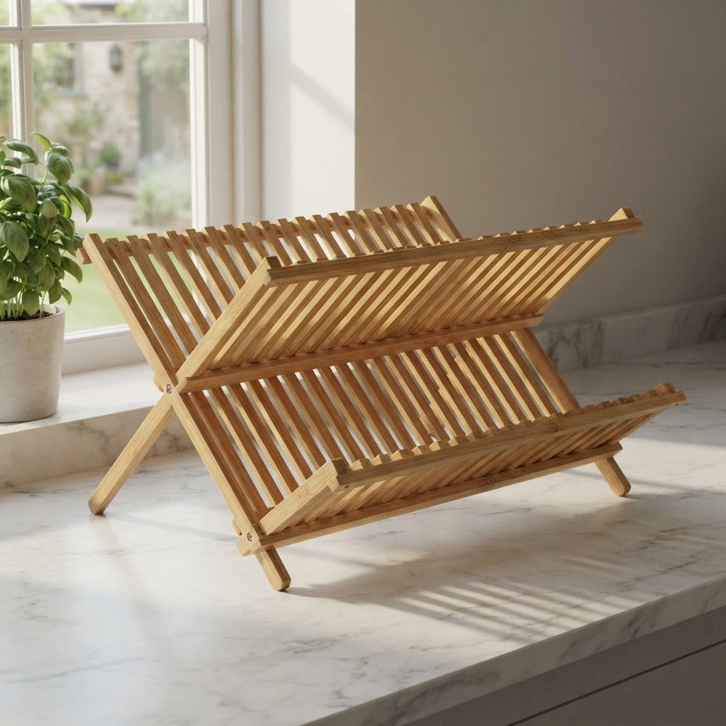 Relaxdays Bamboo Dish Drainer, Two-Tier, Foldable