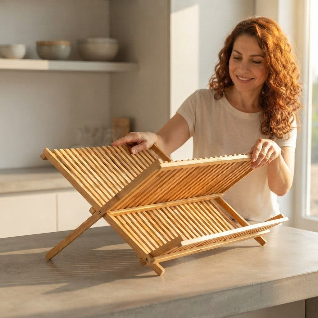 Relaxdays Bamboo Dish Drainer, Two-Tier, Foldable