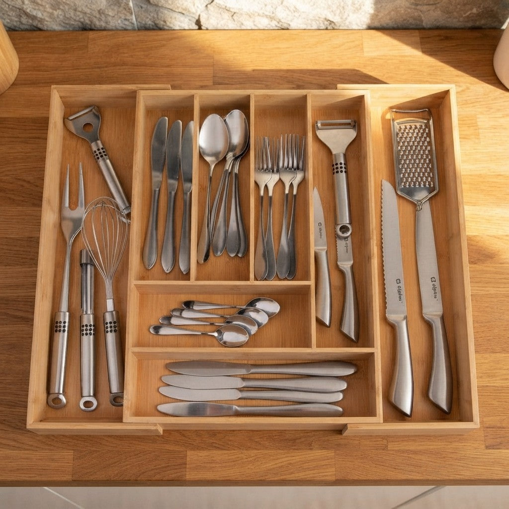 Portaposate Bambù Estensibile 46-56,5cm 6-8 Scomparti
