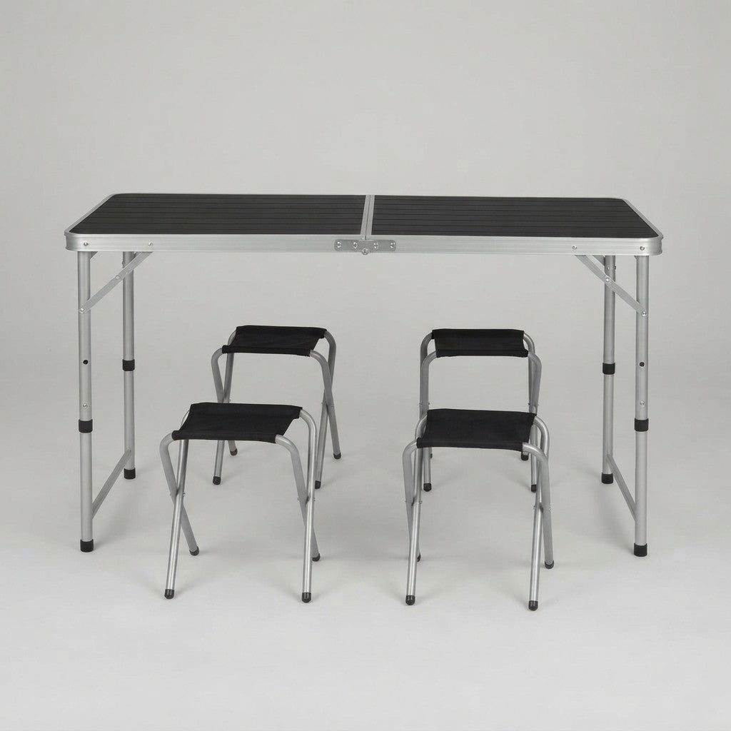 Set Tavolo Pieghevole 5in1 con 4 Sedie | Altezza Regolabile 3 Livelli | Campeggio, Picnic, Giardino | Nero