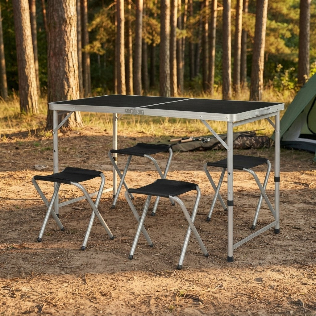 Set Tavolo Pieghevole 5in1 con 4 Sedie | Altezza Regolabile 3 Livelli | Campeggio, Picnic, Giardino | Nero