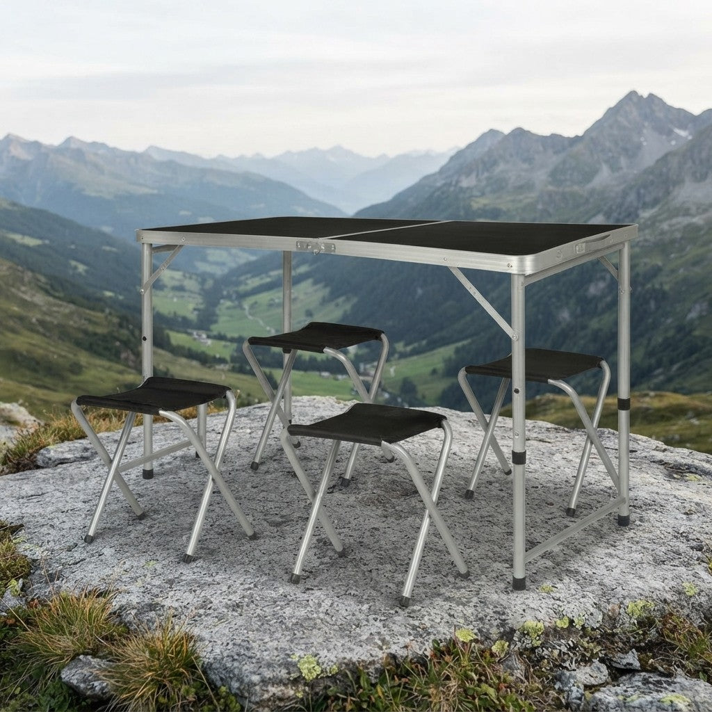 Set Tavolo Pieghevole 5in1 con 4 Sedie | Altezza Regolabile 3 Livelli | Campeggio, Picnic, Giardino | Nero