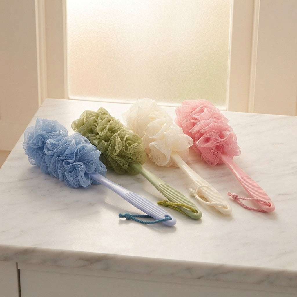 Set 4 Spazzole Bagno Doccia a Rete con Manico 40 cm | 4 Colori