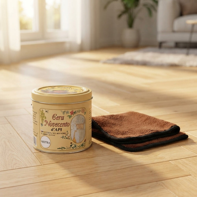 Kit Pulizia Parquet Professionale - Cera d'Api Novecento 500ml + Panno Microfibra 40x40cm
