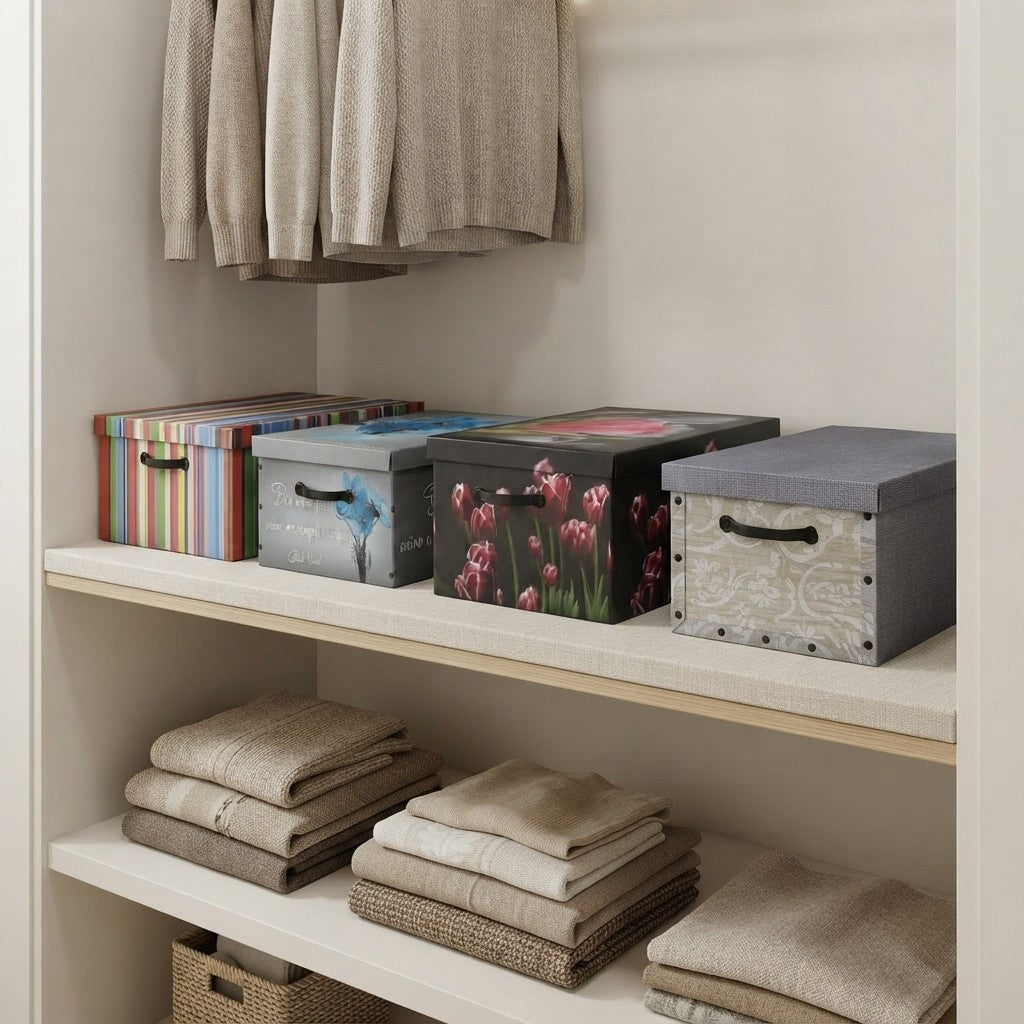 LOT DE 4 BOÎTES DE CONTENTION EN CARTON GAIN DE PLACE 50 X 40 X 25 CM POUR LINGE, OBJETS OU VÊTEMENTS