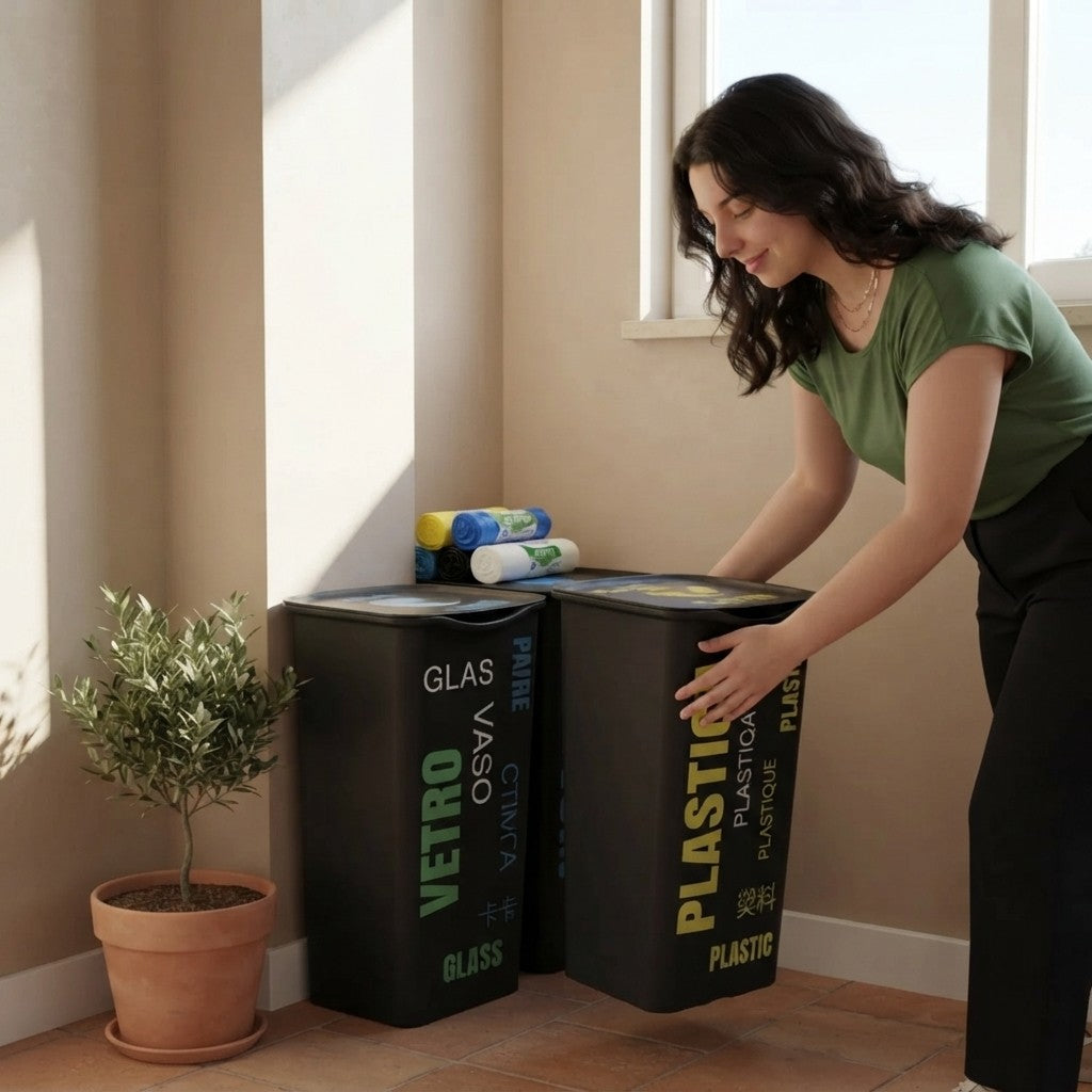 Lot de 4 poubelles de tri sélectif de 50 L avec couvercle - Seaux, poubelles, intérieur, extérieur, cuisine, papier, plastique, verre, déchets mixtes - 40 sacs offerts (70 x 110 cm)