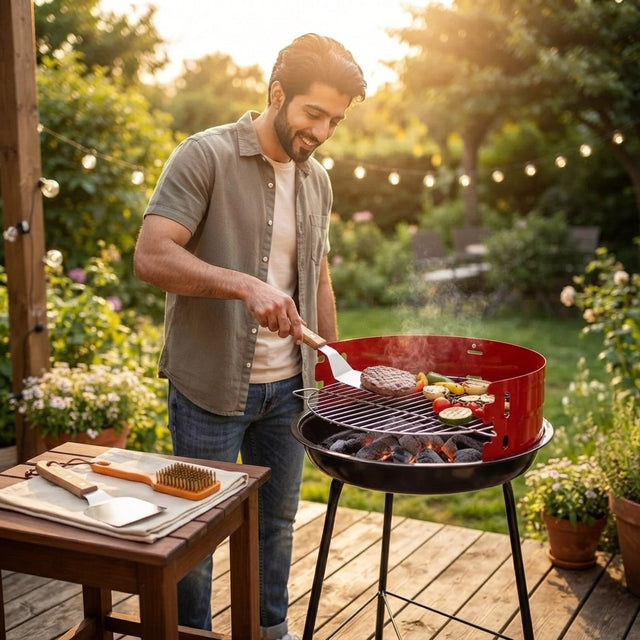 Set Barbecue a Carbone Ø33 cm con Paletta e Scopino in Ottone
