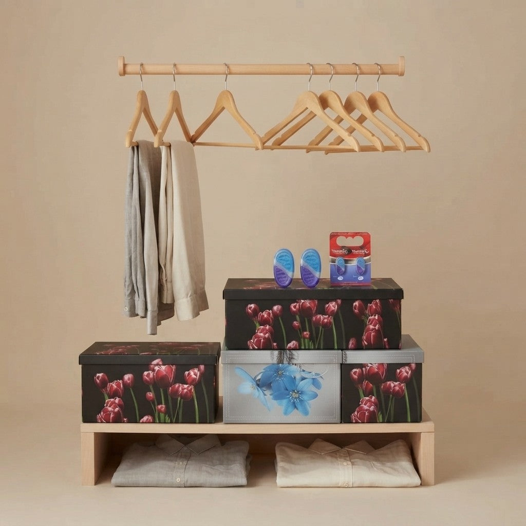 Set Organizzazione Armadio: 6 Confezioni Tarmiblok Lavanda, 12 Grucce in Legno 45 cm e 2 Scatole con Coperchio 50 × 40 x 25 cm