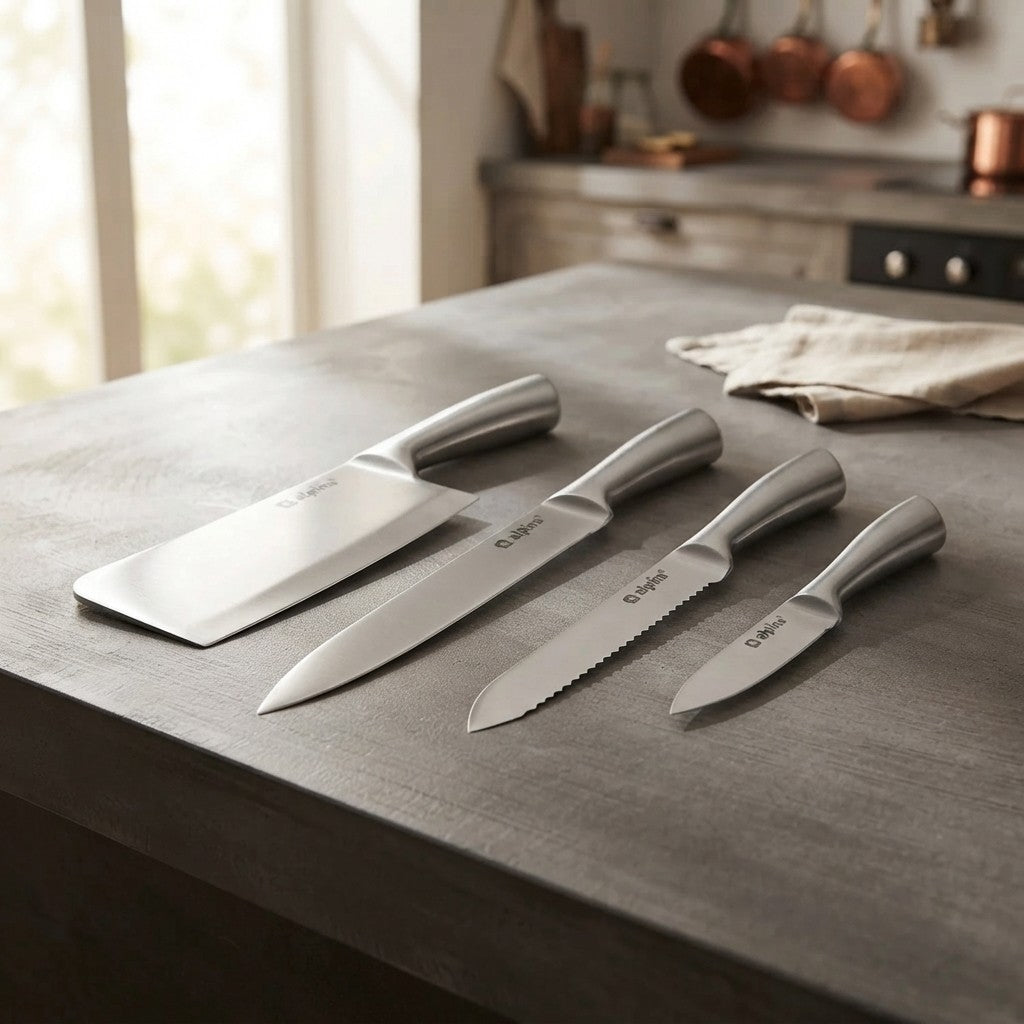 Set Coltelli Professionali Alpina in Acciaio Inossidabile: Mannaia, Coltello da Carne , Pane e sbucciatura