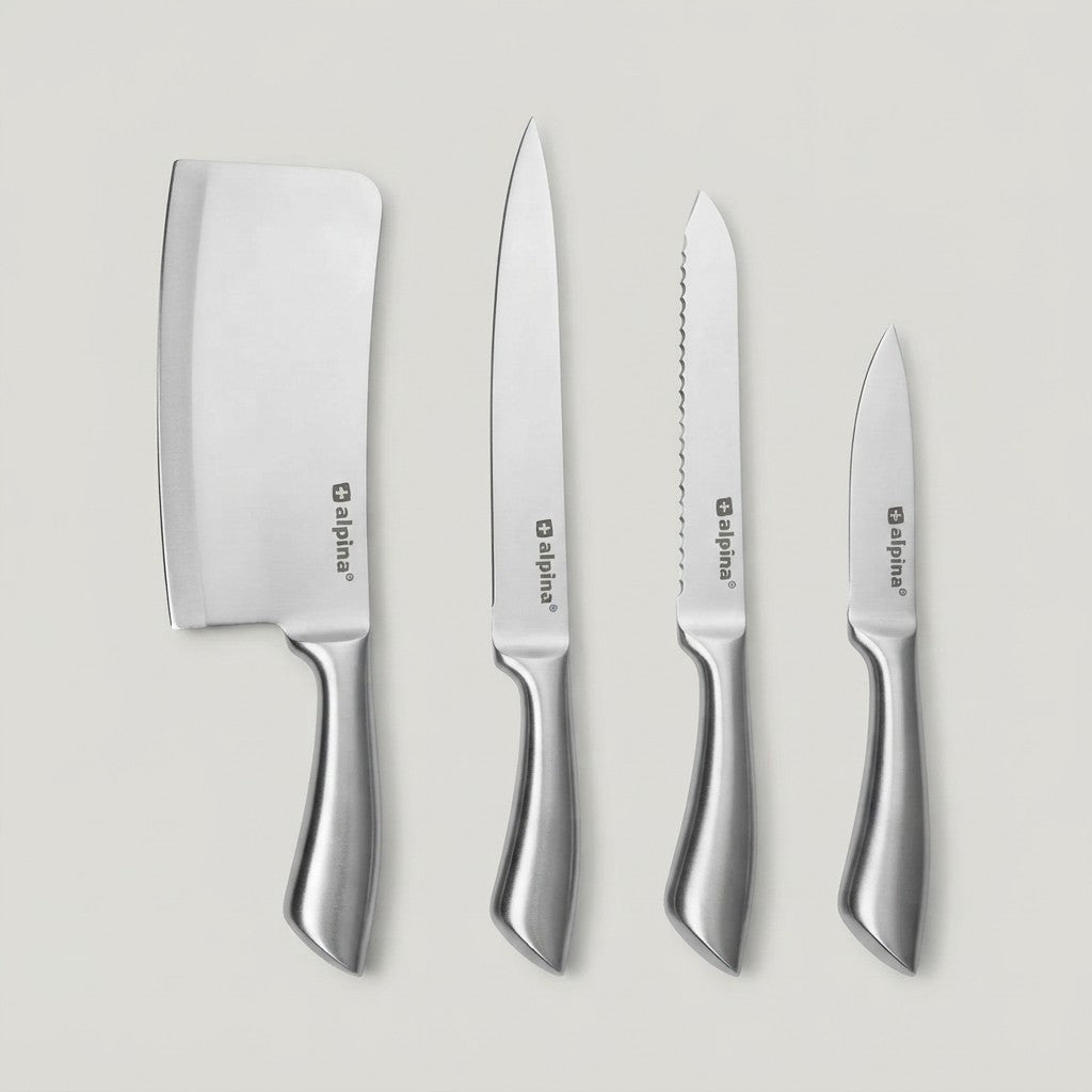 Set Coltelli Professionali Alpina in Acciaio Inossidabile: Mannaia, Coltello da Carne , Pane e sbucciatura